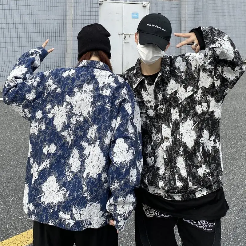 

Oversized Denim Jackets Women Fashion Vintage Rose Jacquard Long Sleeve Loose Jean Coats Korean Style Ins Couples Outerwear Fall