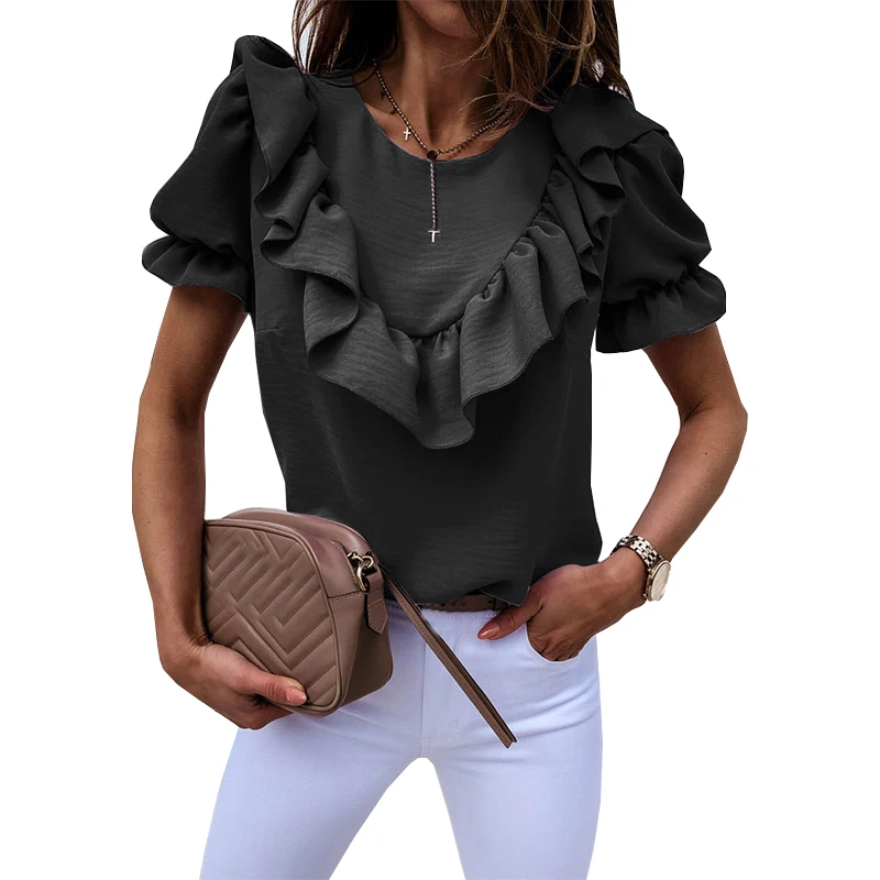 Рубашка с v-образным вырезом и коротким рукавом Элегантная блузка пышными