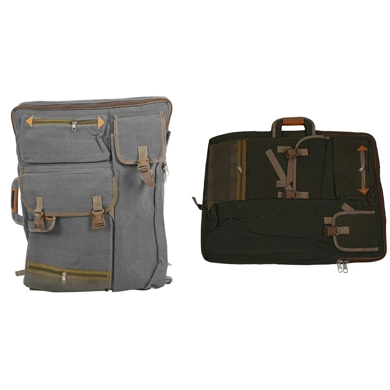 

2 Pcs Art Portfolio Bag Case Backpack Drawing Board Shoulder Bag with Zipper Shoulder Straps,Green & Gray