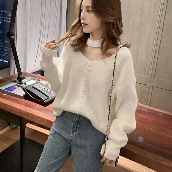 Женский зимний теплый белый свободный пуловер свитер женский осенне-весенний