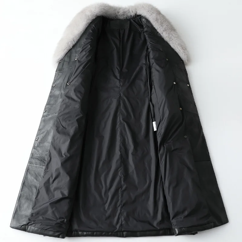 Black High Quality Classic Sheepskin Fox Fur Collar Coat Autumn and Winter Fashion New Leather Down Jacket Women's Long Outwear