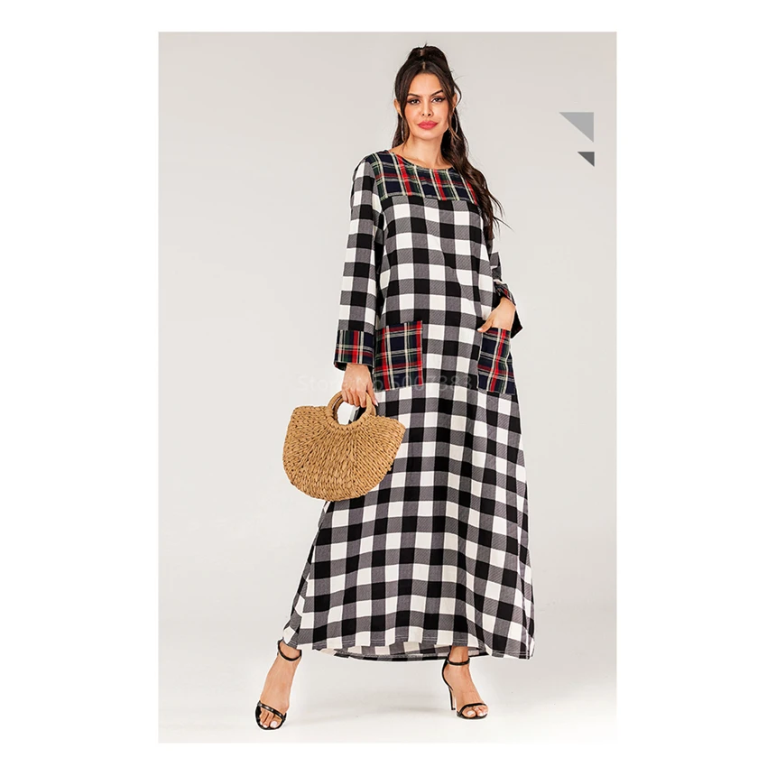 

New African Women's Dress Dashiki Long Sleeve Black White Checkered Skirt Splice Dresses Long Robe Fashion Female Outfits Set