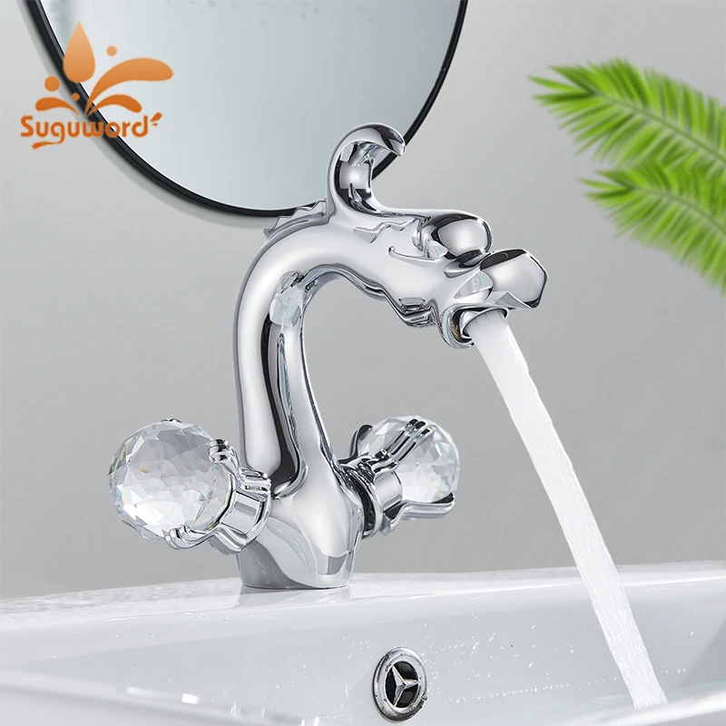 

Хромированный смеситель для ванной комнаты Suguword, кран для горячей и холодной воды, одно отверстие, двойная Хрустальная ручка