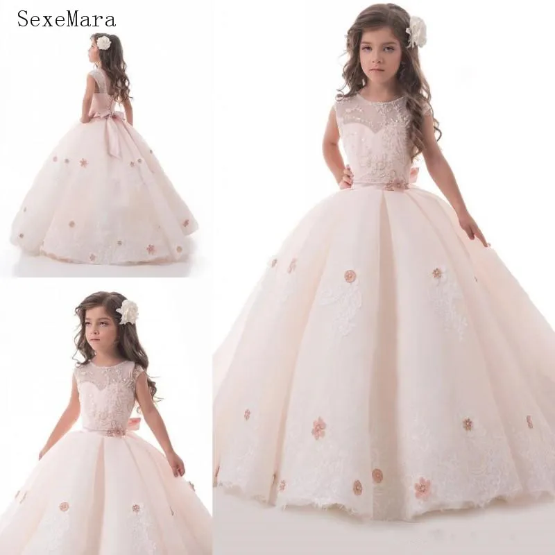 Light Blush Pink Flower Girl Dresses For Weddings Lace Applique Kids Ball Gown Sweep Train First Communion Dress