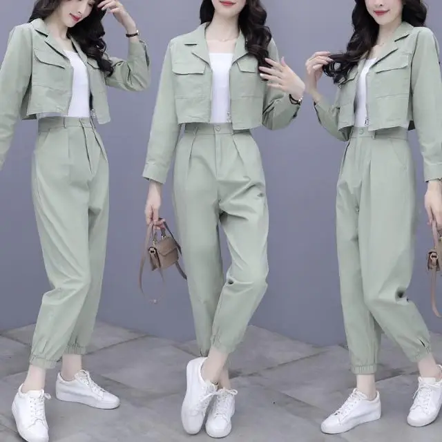 

Women 2021 Spring Autumn High Waist Streetwear Cargo Pants Sets Female Short Jacket + Pants Casual 2 Piece Tracksuit Set C307