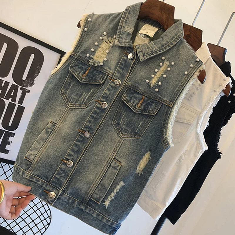 Женский рваный джинсовый жилет Свободный синего черного или белого цвета без