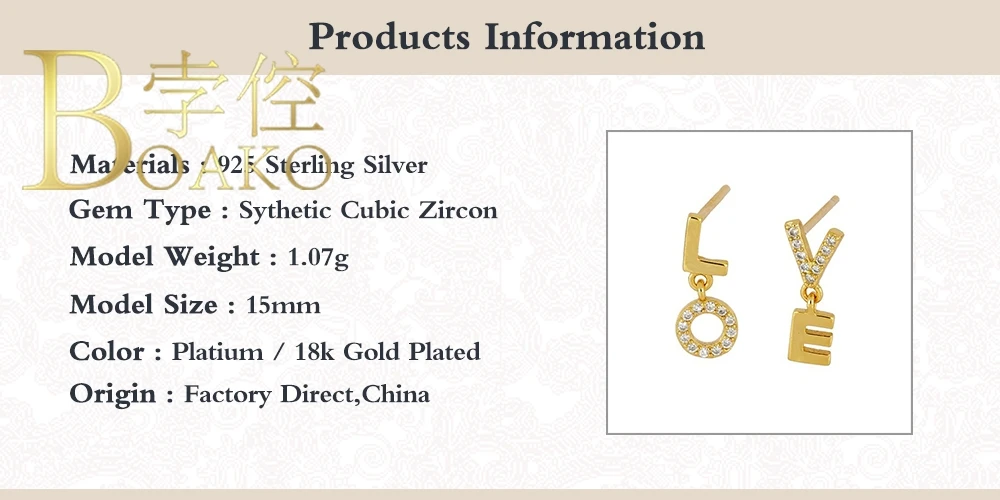 

BOAKO Love Letter Earrings For Women 925 Sterling Silver Earrings Dangle Ear Cuff Piercing Oreille Earring #9.8