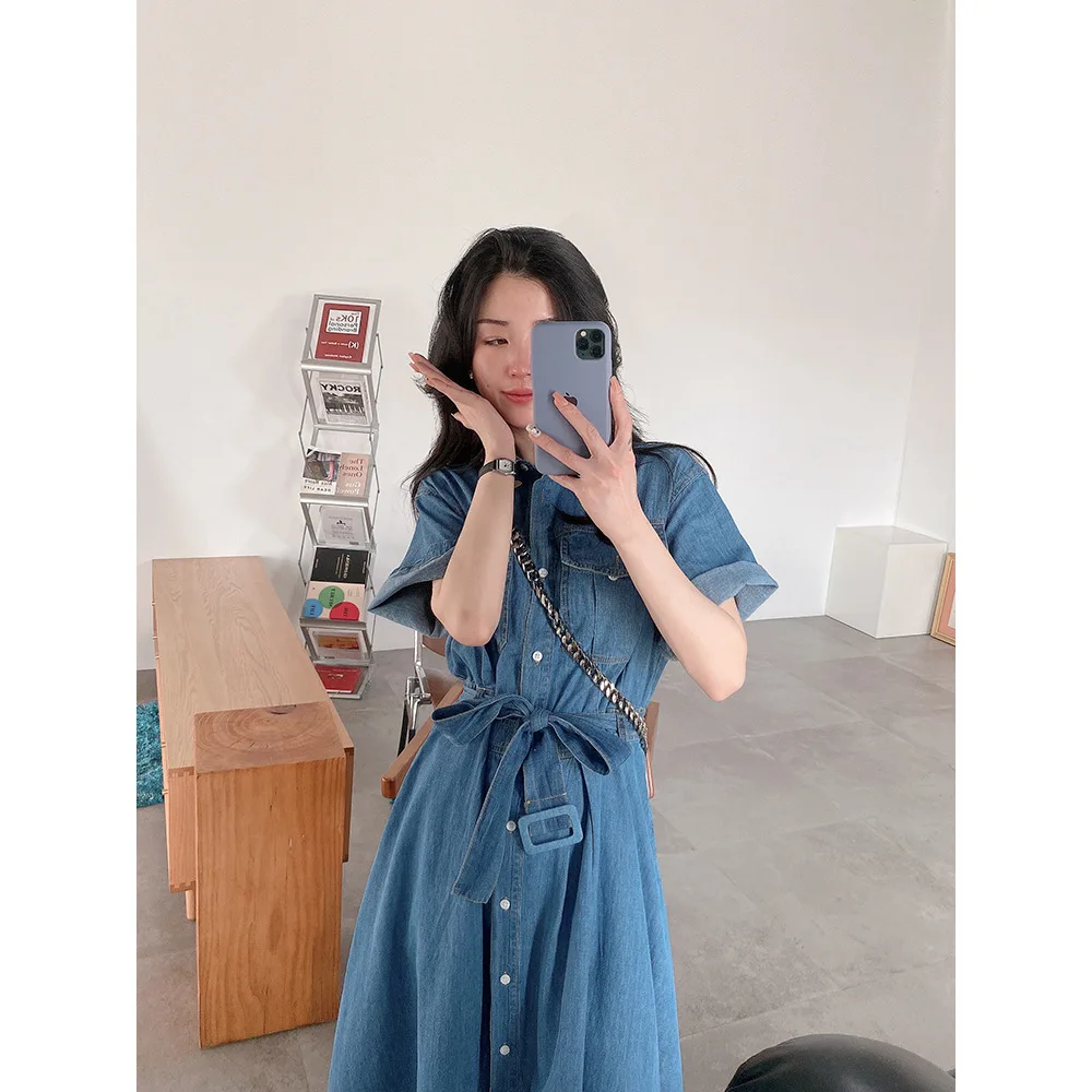 

Sweetheart denim skirt swaying Lapel summer short sleeve belt women's long design dress