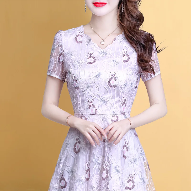 Женское кружевное платье средней длины элегантное с коротким рукавом и