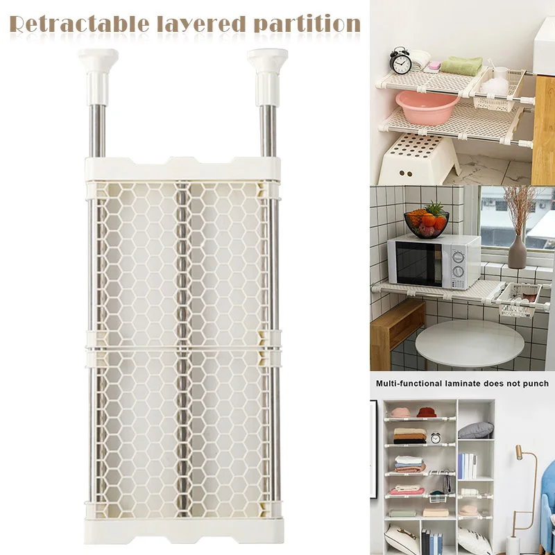 

Nail-Free Wardrobe Layered Partition Telescopic Closet Wardrobe Layered Storage Rack Cabinet Shelf A1