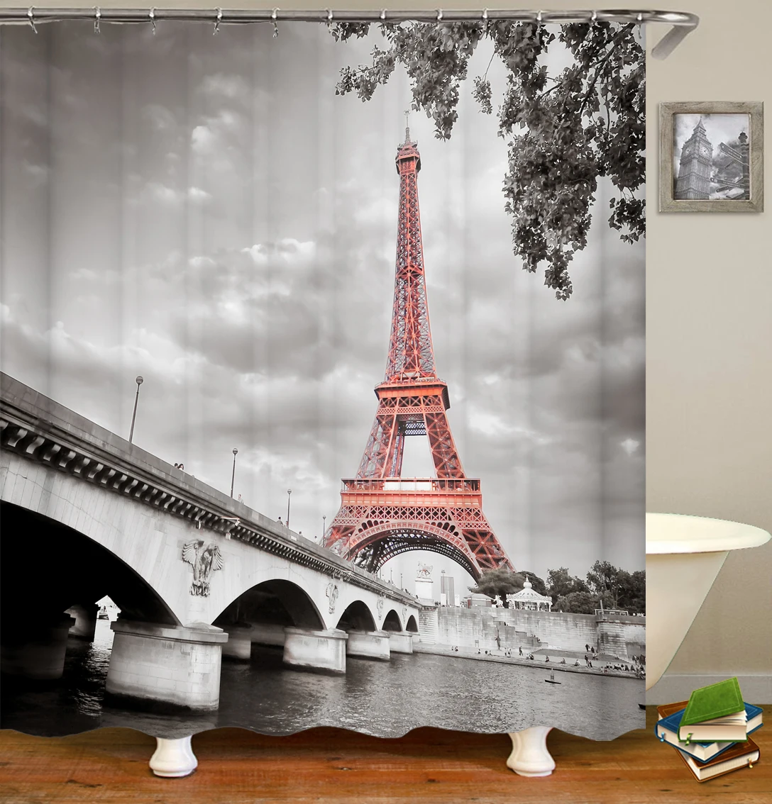 Парижская башня занавеска для душа обнимания влюбленных ванной черно белая