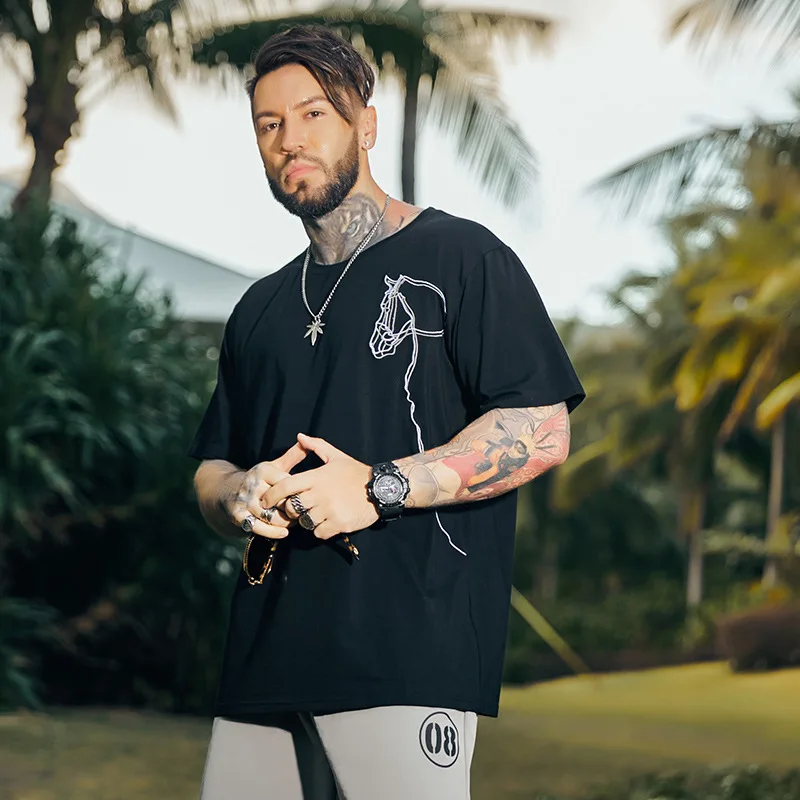 

New 2021 Horse Head Embroidery Oversized T Shirt Men Loose T-shirt Fat man Tops Crew Neck Cotton Casual Tee Shirt Clothes