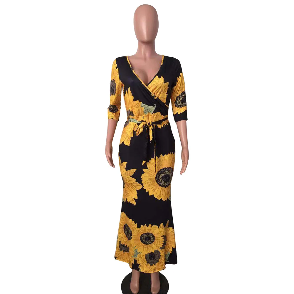 Женское длинное облегающее Макси платье с цветочным принтом и поясом в