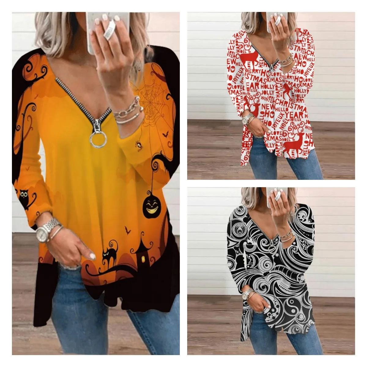 

Y2K Autumn Harajuku Funny Printed Women T-shirt Long Sleeve V-neck Zipper Ladies Tops Loose Casual Vintage Female Clothing Tees