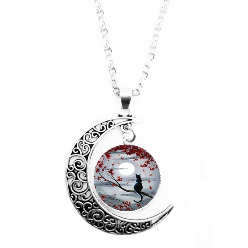 2019 New Retro Fascinating Life Tree and Cat Glass Round Moon Necklace Men's Women's Jewelry | Украшения и аксессуары