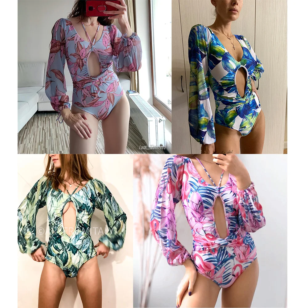 

One Piece Swimsuit 2021 Long Sleeve Swimwear Women Bandage Print Monokini Sexy Black Bathing Suit String Backless Beachwear