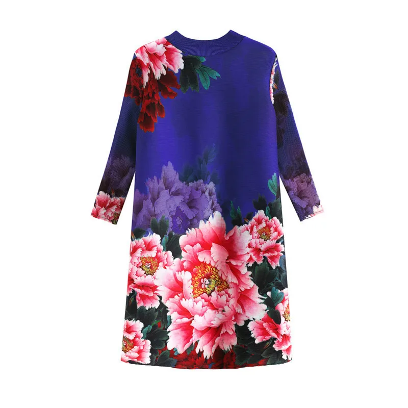 

LANMREM Half High Collar Printing Flower Pleated Dress For Woman 2021 Spring Summer Vintage New Three Quarter Sleeve Dress YH717