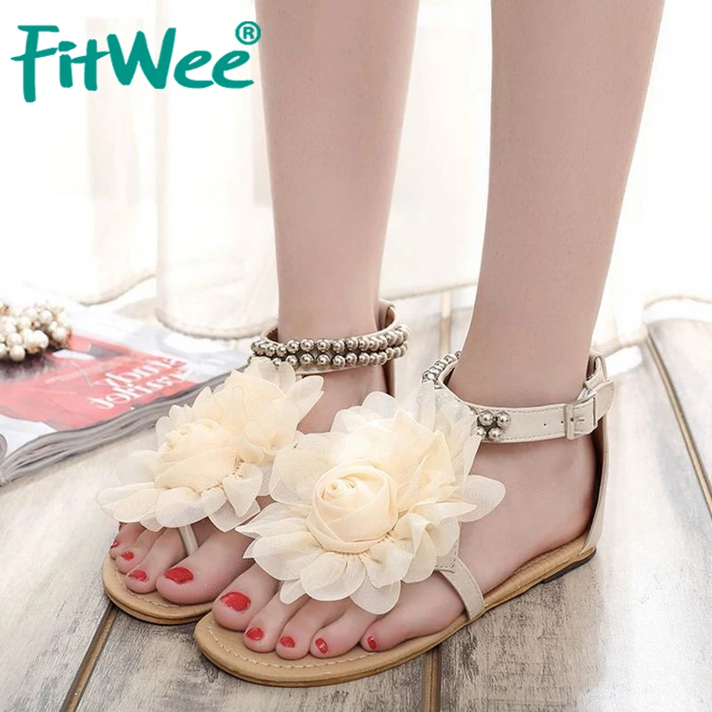 FITWEE/женские летние сандалии гладиаторы Украшенные бусинами с цветами на плоской