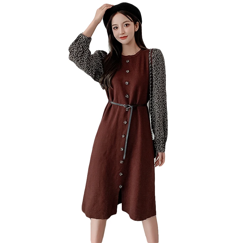 

Spot scene shooting autumn/winter fashion show thin stitching knitting dress joker fashionable waist MIDI