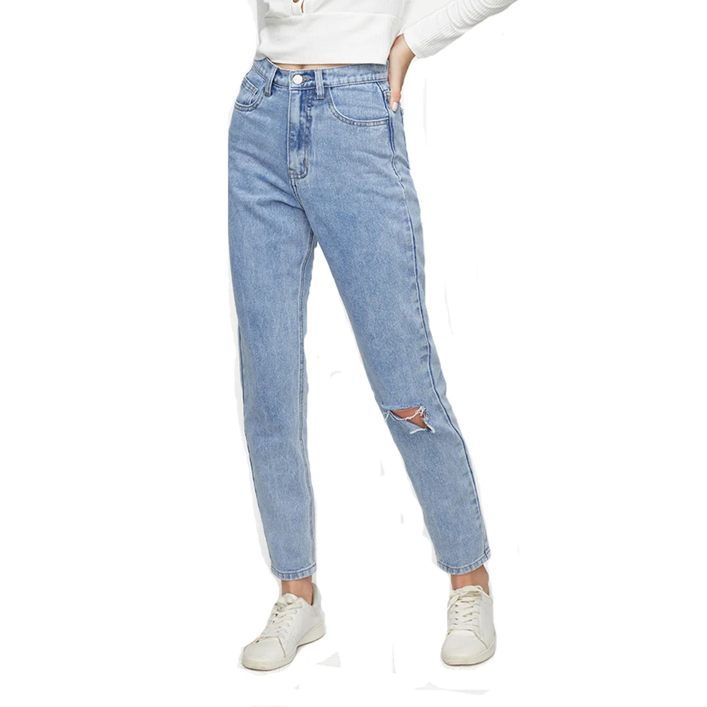 

Women Simple Style Solid Color Hole Knee Slim Denim Pants All Matching Plus Size High Waist Jeans Light Blue FS1025