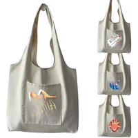 travel bag women shopping bag polyester canvas shoulder bag handbag reusable harajuku foldable grocery with pockets tote bag