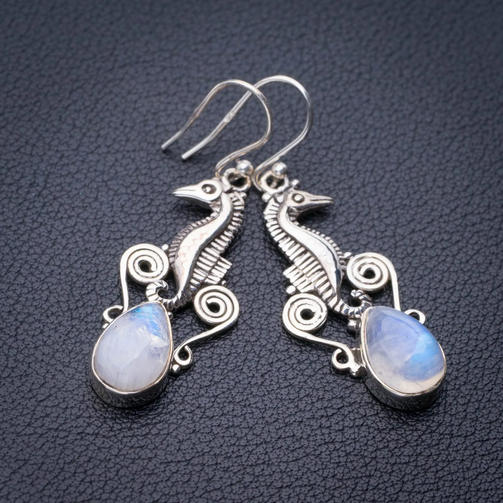 

StarGems Natural Rainbow Moonstone Hippocampus Handmade 925 Sterling Silver Earrings 1.75" E1482