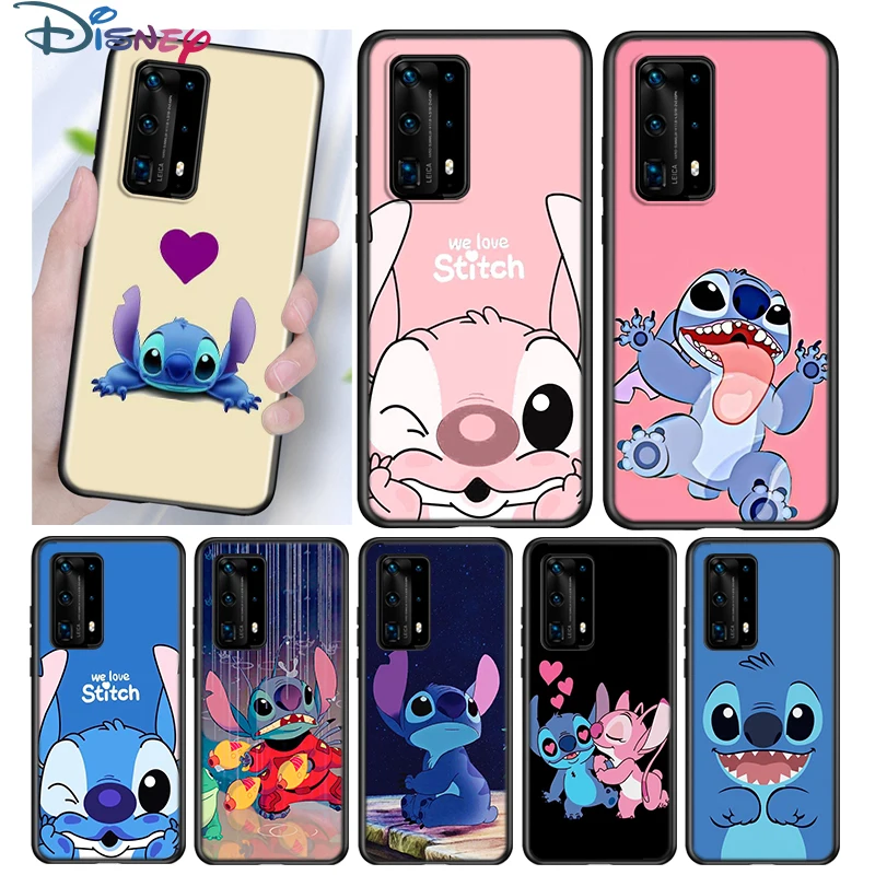 

Cute Lilo Stitch Silicone Cover For Huawei P40 P30 P20 Pro P10 P9 P8 Lite E Plus 2019 2017 5G Black Phone Case