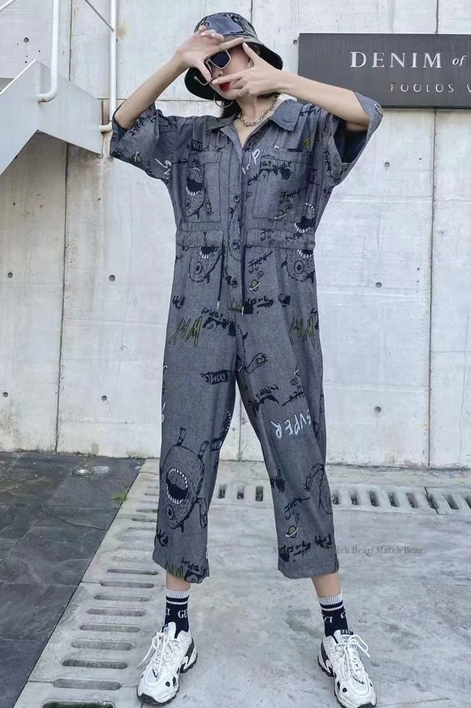 

Vefadisa Grey Women Straight Jumpsuits 2021 Summer Women Cartoon Printed Jumpsuits Female Adjustable Waist Jumpsuits ZQY204C
