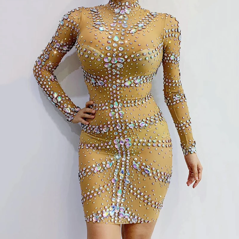 Новинка Сетчатое платье стразы телесного цвета женское вечернее для бара