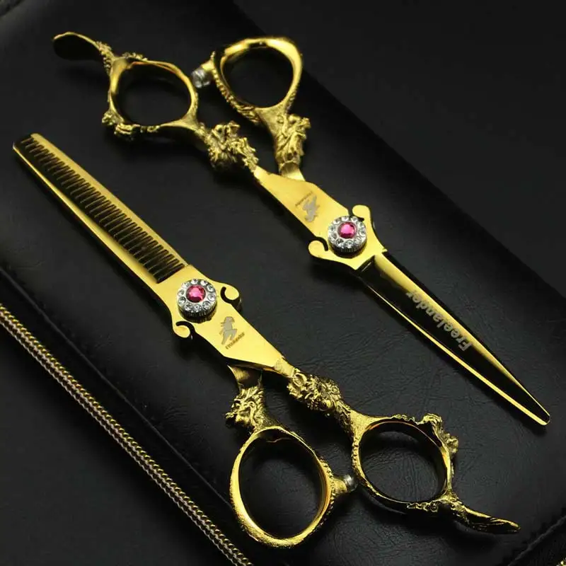 

2pcs 6.0" Sharp Blade Hair Scissors Retro Handle Gold Barber Set Salon Cutting Thinning Shears Hairdressing Flat Teeth Blade NEW