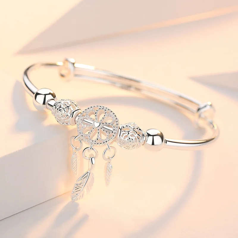 925 Sterling Silver Dreamcatcher Tassel Feather Charm Bracelet &ampBangle For Women Fashion Elegant Jewelry Accessories sl209 | Украшения и