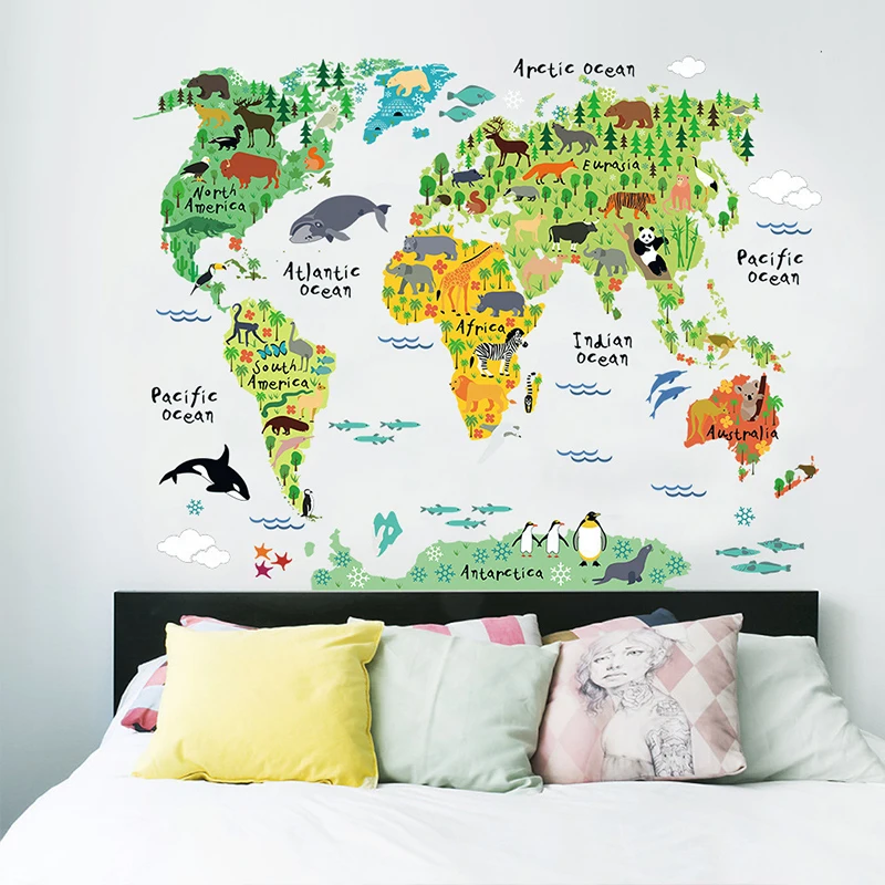 

Colorful Animal World Map Vinyl Wall Sticker For Kids Room Home Decor 3D Decals creative Pegatinas De Pared Living Room Stickers