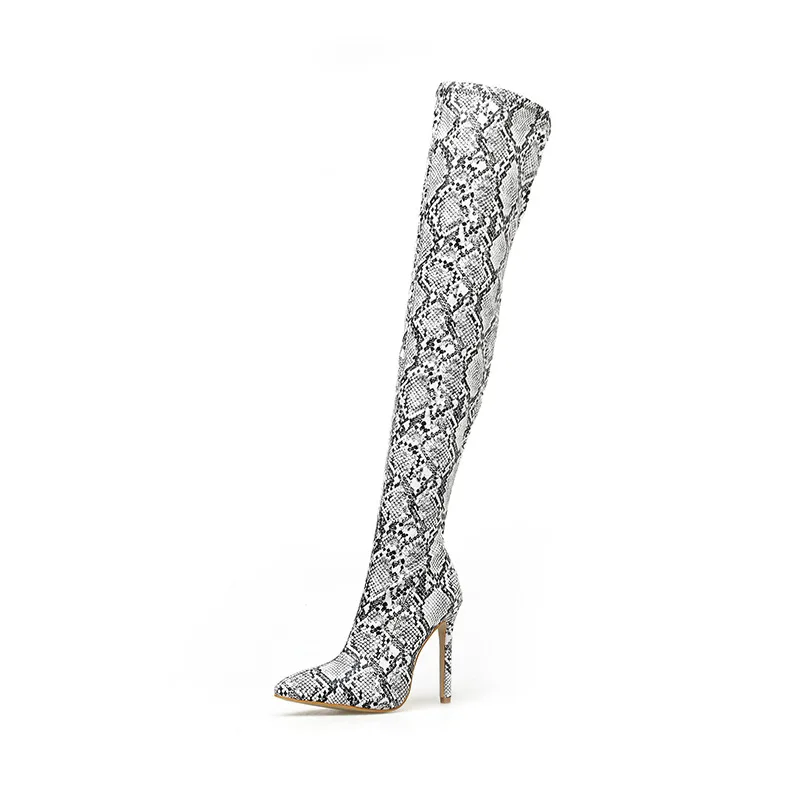 

Autumn winter 2019 snakeskin pointed thin heel knee boots women's oversized super high heel boots
