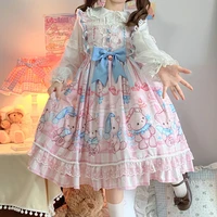 sweet lolita japanese soft girly kawaii camisole dress vintage cute cartoon print bow sleeveless lace jsk baby doll dress women