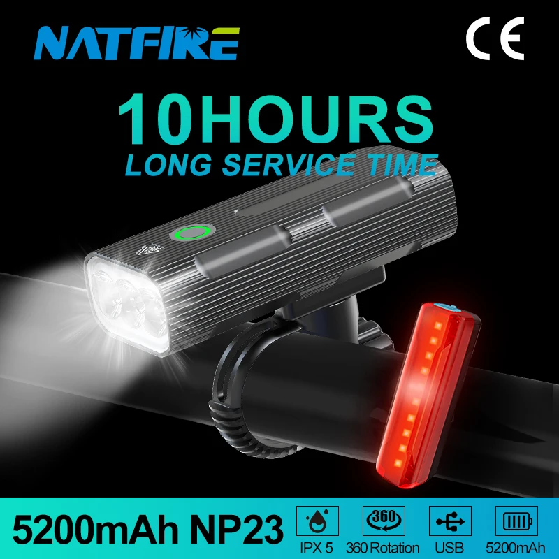 

NATFIRE 10Hours Bike Light LED Long Lasting Time 5200mAh USB Rechargeable Front and Rear Bicycle Light for MTB Road Headlight