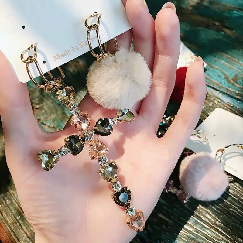 

Korean New Trendy Colorful Heart Crystal Cross Dangle Earrings For Women Fur Ball Cute Fashion Asymmetric Accessories