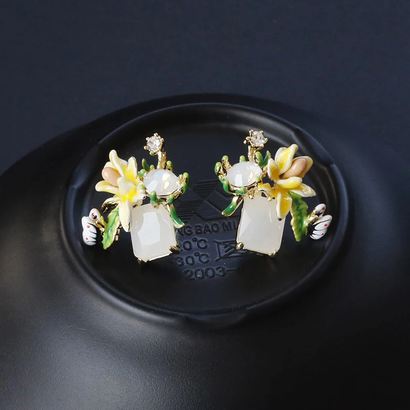 Yellow Flower Ретро, французские, ручная роспись, эмалированные серьги, цветочные уши, маленькие серьги-гвоздики, милый цветок, серьги-гвоздики, женские подарки, серьги с кристаллами - Окраска металла: Yellow Flower