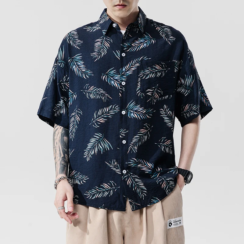 

Brand New 2021Beach Summer Print Flower Short Sleeves Hawaii Collar Korea Style Shirt For Men's Harajuku Clothing
