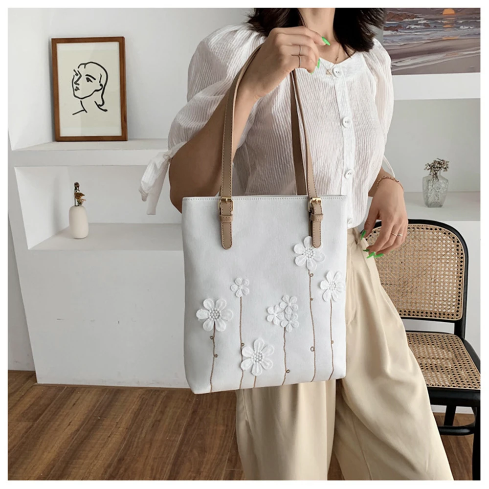 

Embroidery Flower Shoulder Bag for Women Solid Color Retro Large Capacity Splice Canvas Female Handbag Floral Bolsas De Mujer