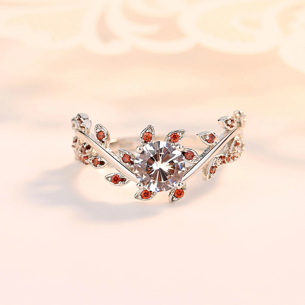 

Silver Color New Flower Bougainvillea Mahogany Design Lady Zircon Ring Crystal Zircon Orange Color Ring Woman Gift
