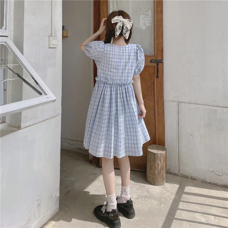 

Japanese Preppy Style Summer Sweety Women Dress O-Neck Kawaii Ruffles Folds Cute Puff Sleeve One-Piece Temperament Plaid Dress