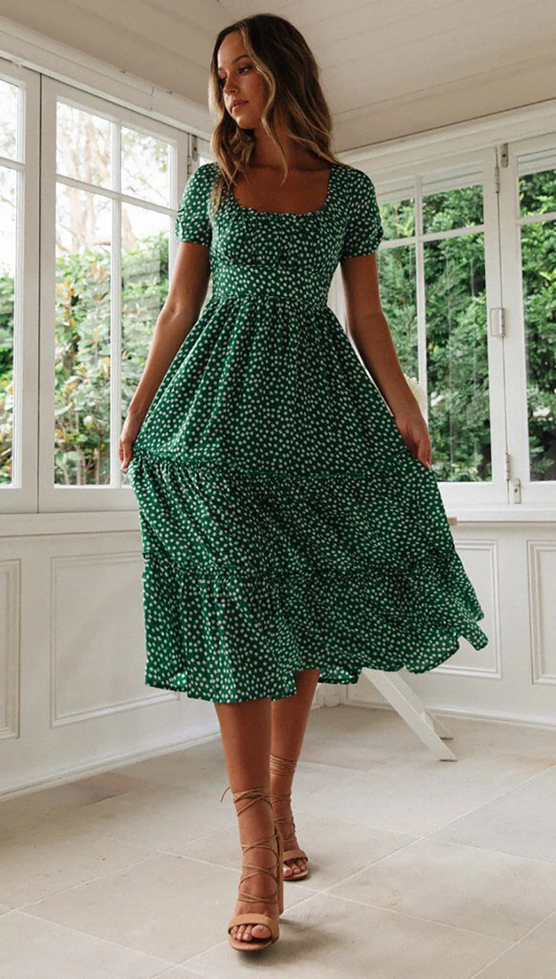 

Summer Women Holiday Clothes Casual Boho Long Sundress Fashion Beachwear Slim Square Neck Short Puff Sleeve Polka Dot Midi Dress