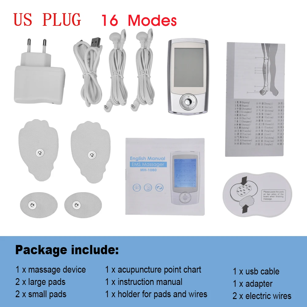 Item one US plug 8/16 режим Tens EMS устройство USB и штекер обезболивающий терапия импульсный массаж стимуляция мышц с 4 электродными подушечками электро - Цвет: Item one US plug