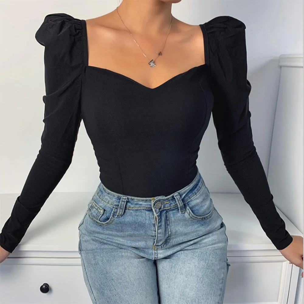 

women new vintage Korean fall 2020 blouses in solid colors with puffy sleeves and sexy square little V-neck slim Tees