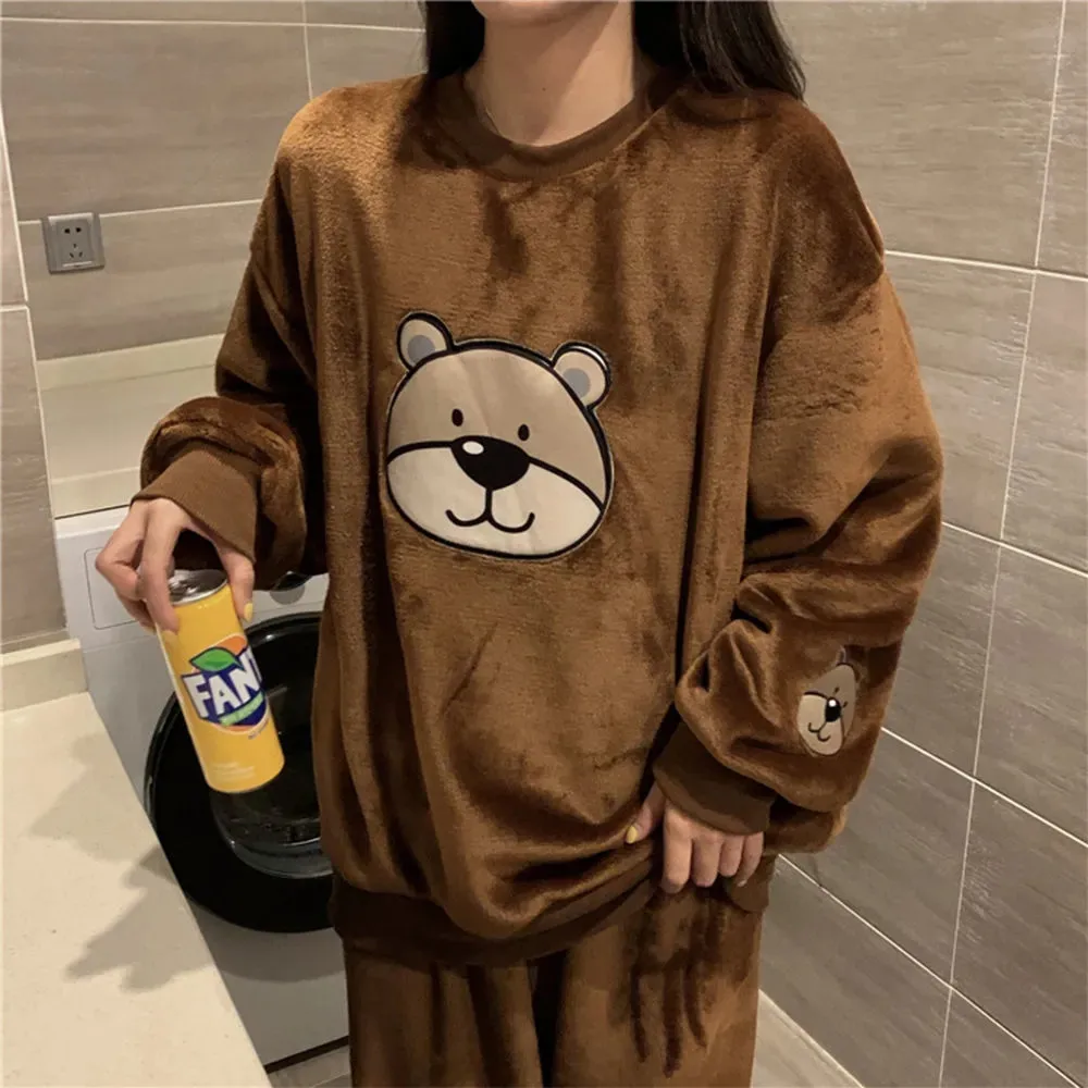

WinterWarmFlannelElegantWomenSleepwearPajamasLadyCartoonPrintPajamaSetPulloverCoralFleecePijamasMujerHomeSuits
