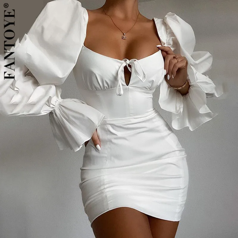 Женское платье с квадратным вырезом FANTOYE обтягивающее мини длинным рукавом