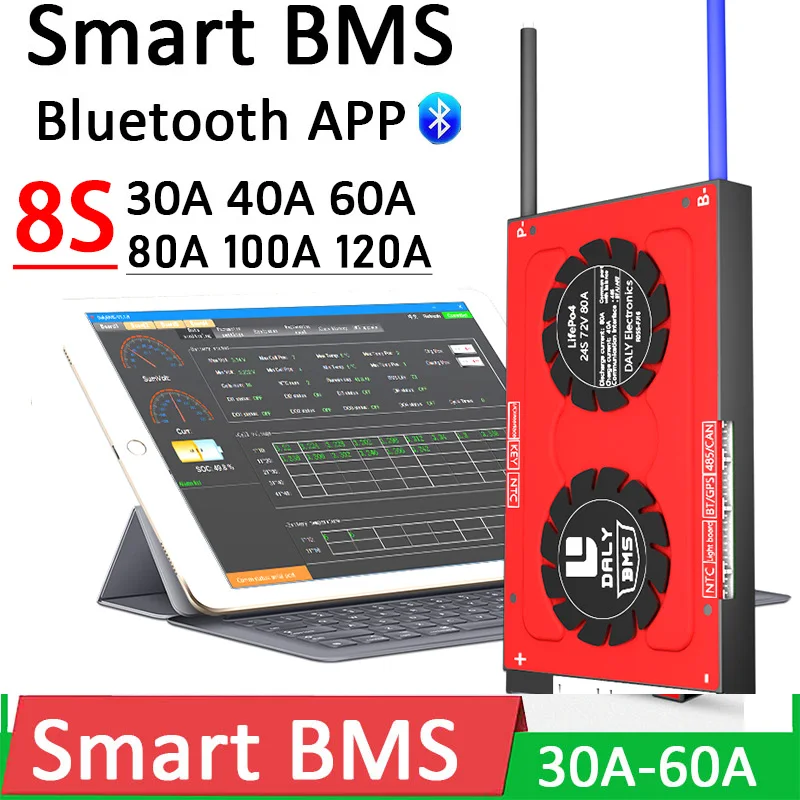 

Защитная Плата Smart BMS 8S, плата для защиты литиевой батареи Lifepo4, 24 В, 80 А, 100 А, 120 А, баланс 30 А, 40 А, 60 А, Bluetooth, ПК, контроллер