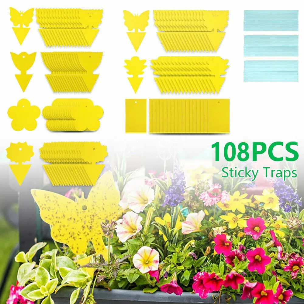 

108Pcs Sticky Trap Fruit Gnat Trap Fly Fungus Killer Catcher Butterfly Flower Sticky Insect Boards Indoor Outdoor Pest Control