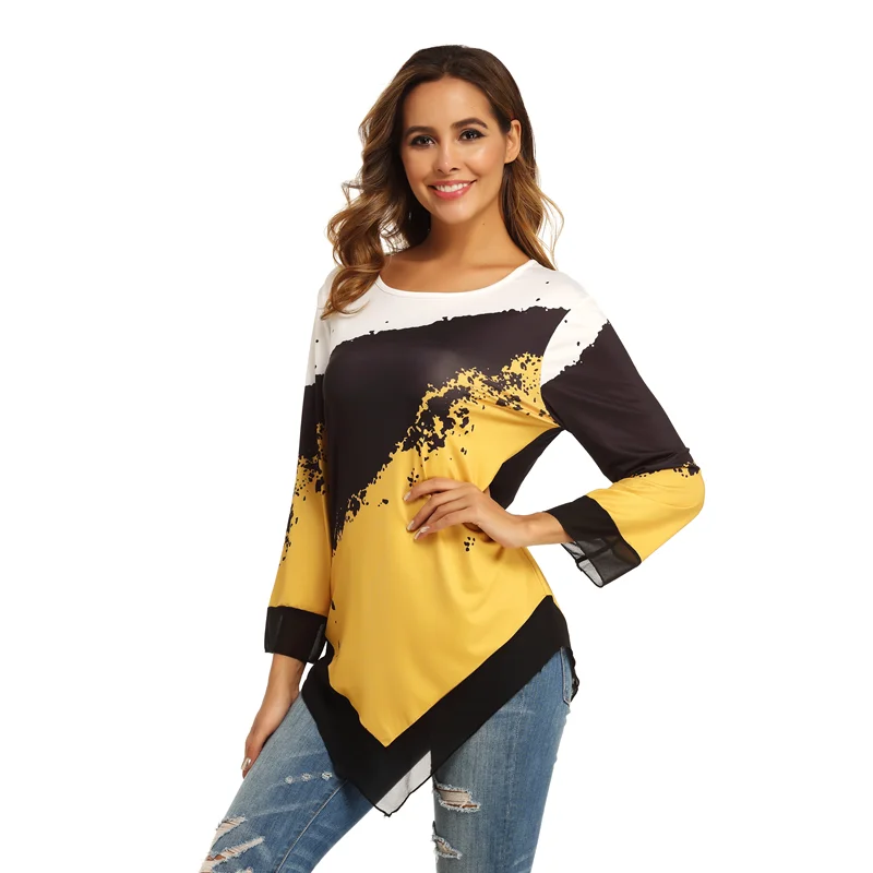 Модные Цвет блок вырезать и шить принт Топ с длинным рукавом О образным вырезом