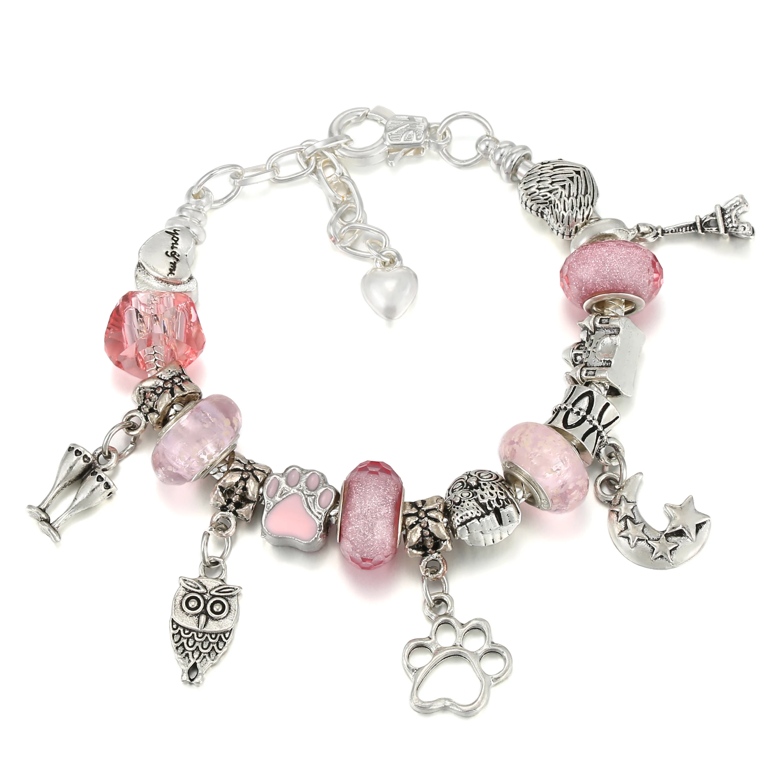 

BRACE CODE Pink Vintage Zilveren Kleur Bedels Armbanden Voor Vrouwen Diy Kristal Kralen Merk Armbanden Vrouwen Pulseira Sieraden